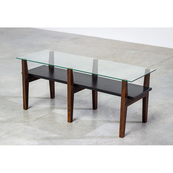 Image 1 of Table basse vintage belge en noyer et verre avec un constructiviste, années 1950