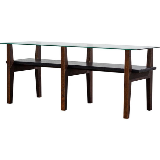 Table basse vintage belge en noyer et verre avec un constructiviste, années 1950