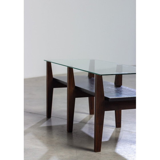 Image 1 of Table basse vintage belge en noyer et verre avec un constructiviste, années 1950