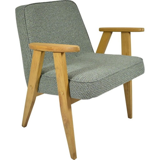 Fauteuil classique vintage tissu vert, bois de chêne 1960s