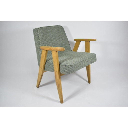 Fauteuil classique vintage tissu vert, bois de chêne 1960s