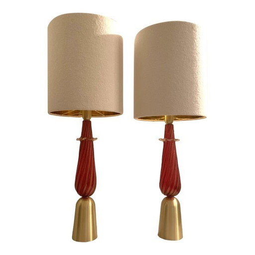 Lot de 2 lampes de table contemporaines en verre de Murano rouge avec abat-jour