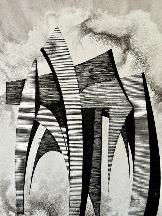 Image 1 of Eugene Eechaut 1928-2019 Très Beau Dessin Architecturale À L’Encre De Chine