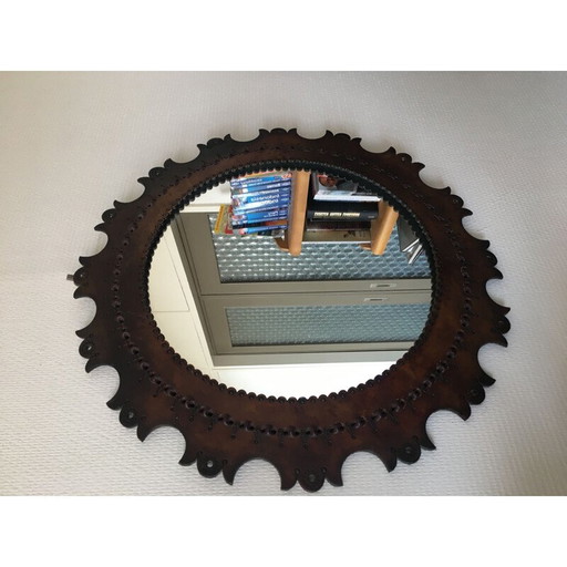 Miroir rond vintage avec cadre en cuir, 1960