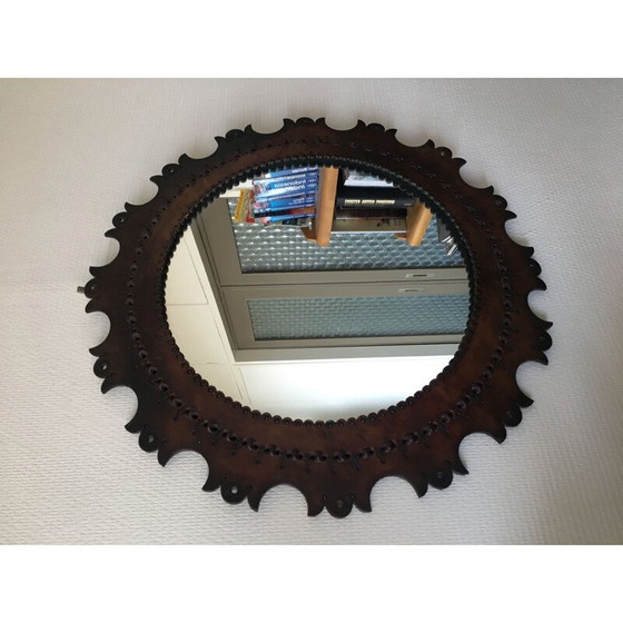 Image 1 of Miroir rond vintage avec cadre en cuir, 1960