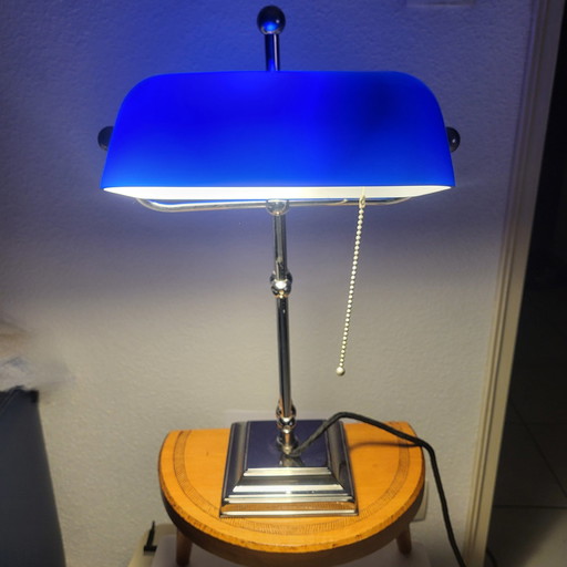 Lampe De Banquier Bleu Cobalt Et Chrome