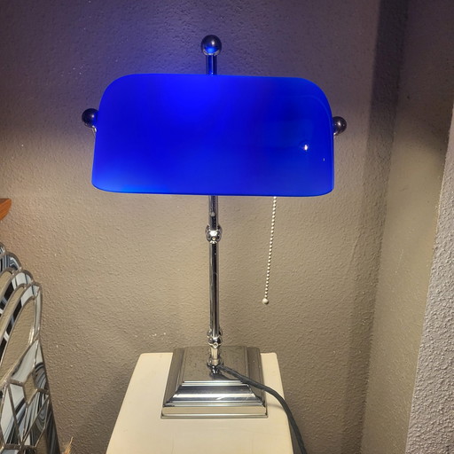 Lampe De Banquier Bleu Cobalt Et Chrome