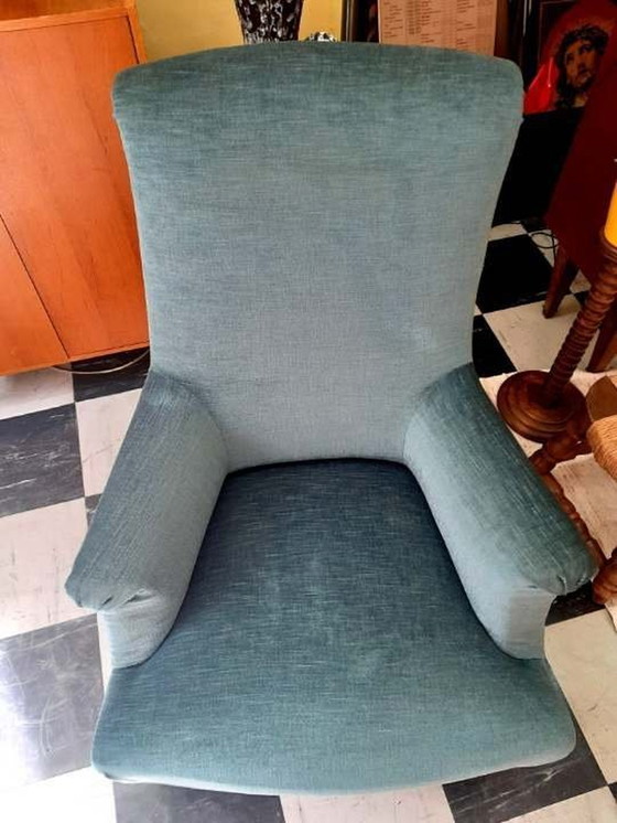 Image 1 of Fauteuil Chauffeuse Napoléon 3 En Velours Bleu 