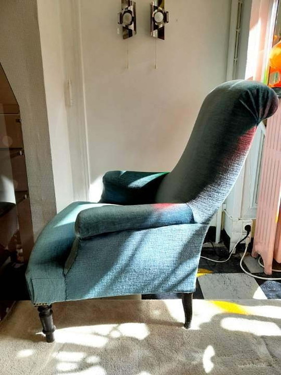 Image 1 of Fauteuil Chauffeuse Napoléon 3 En Velours Bleu 