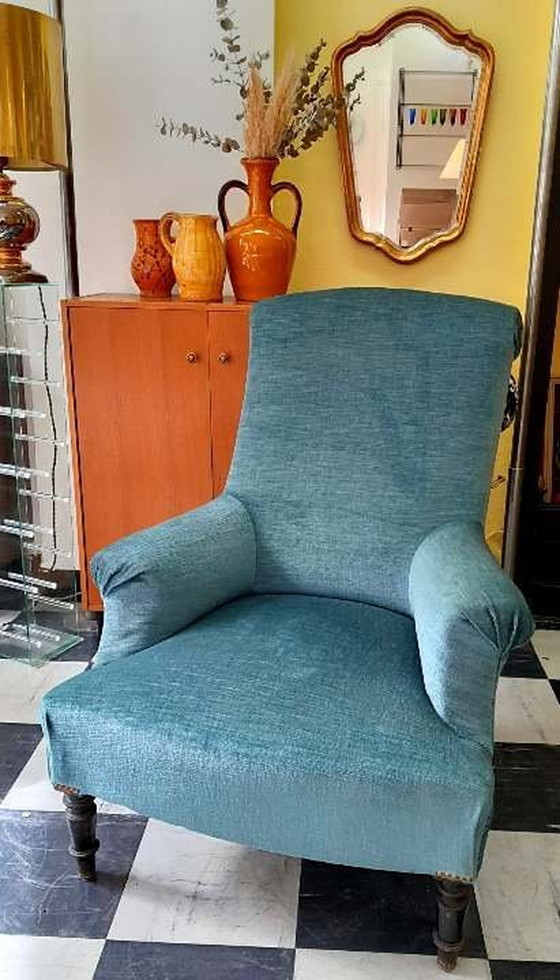 Image 1 of Fauteuil Chauffeuse Napoléon 3 En Velours Bleu 