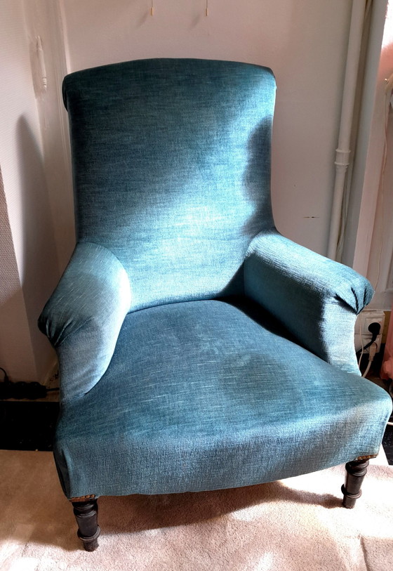 Image 1 of Fauteuil Chauffeuse Napoléon 3 En Velours Bleu 