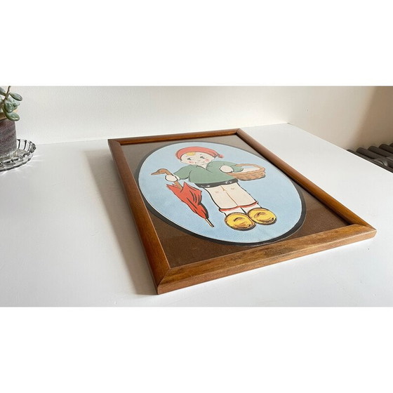 Image 1 of Peinture vintage sur papier avec médaillon et cadre en bois et verre