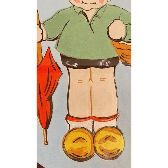 Image 1 of Peinture vintage sur papier avec médaillon et cadre en bois et verre