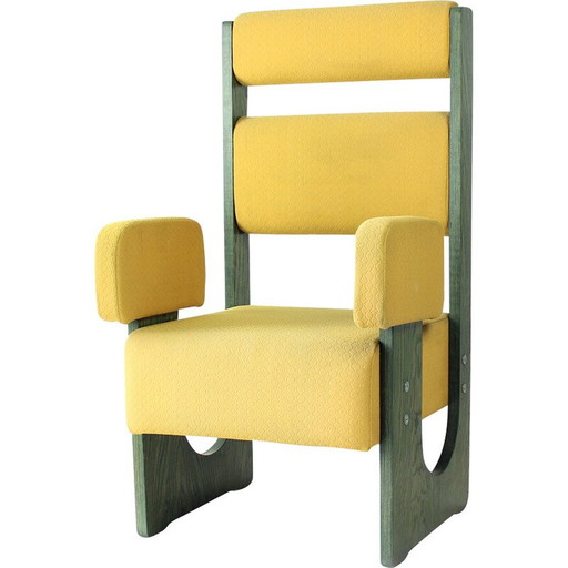 Fauteuil trône vintage en contreplaqué et tissu jaune, Tchécoslovaquie 1980