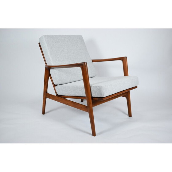 Image 1 of Fauteuil vintage Stefan en teck teinté et tissu gris clair pour Swarzędz, 1960