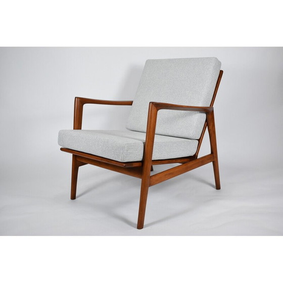 Image 1 of Fauteuil vintage Stefan en teck teinté et tissu gris clair pour Swarzędz, 1960