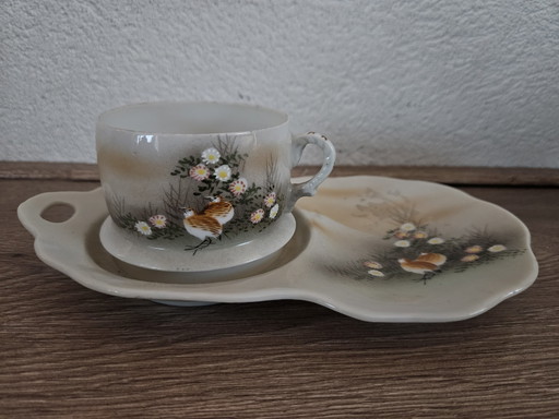 Kutani Vintage/Antique Théière en coquille d'œuf, pot à lait et tasse/plat 1940s marqué au Japon