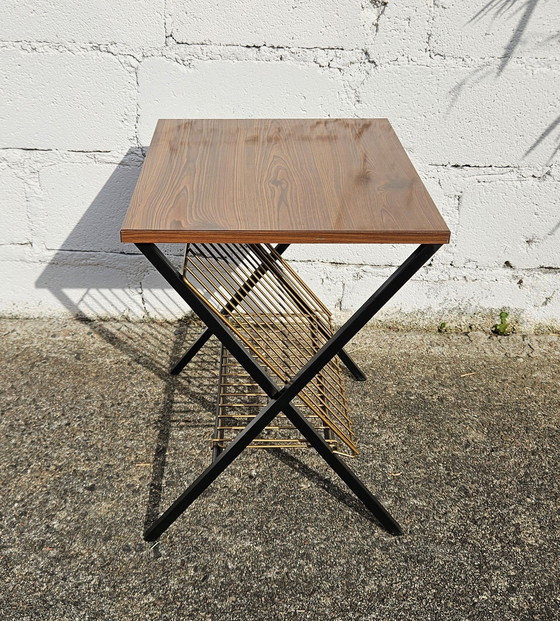 Image 1 of Français Vintage Magazine Rack- Phono Table-Appoint-Retro Formica Console-Effet acajou -60S