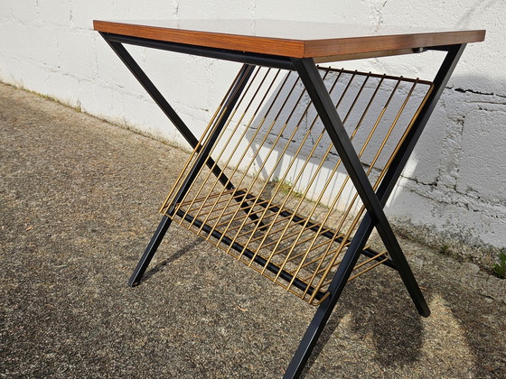 Image 1 of Français Vintage Magazine Rack- Phono Table-Appoint-Retro Formica Console-Effet acajou -60S