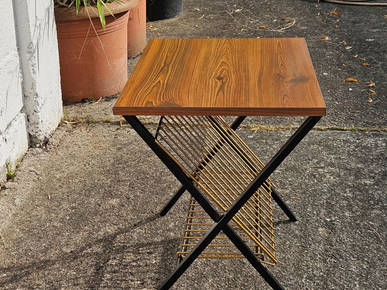 Image 1 of Français Vintage Magazine Rack- Phono Table-Appoint-Retro Formica Console-Effet acajou -60S