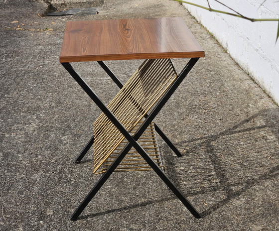 Image 1 of Français Vintage Magazine Rack- Phono Table-Appoint-Retro Formica Console-Effet acajou -60S