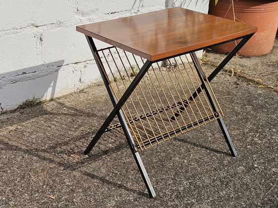 Image 1 of Français Vintage Magazine Rack- Phono Table-Appoint-Retro Formica Console-Effet acajou -60S