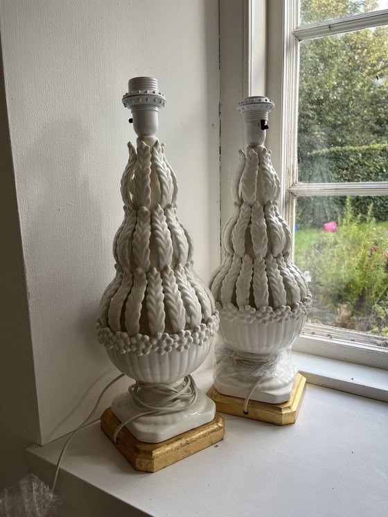 Image 1 of Paar Vintage Manises Tischlampen, Weiß Keramik, Majolika, 1960S