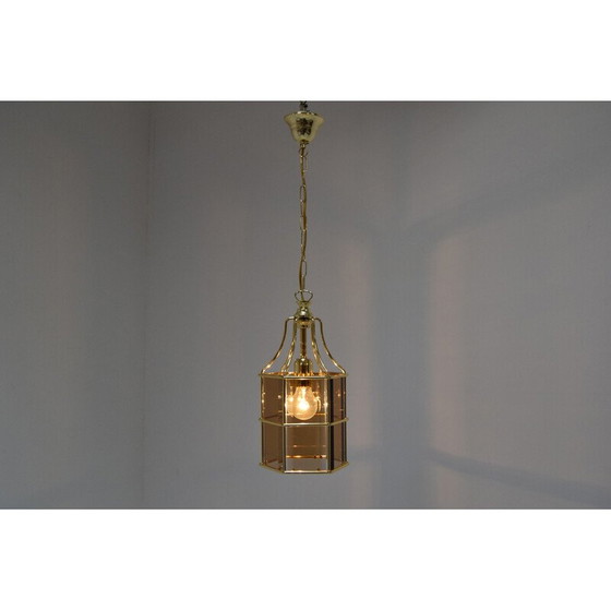 Image 1 of Lampe suspendue en verre fumé et laiton, Mid Century, Tchécoslovaquie, années 1980