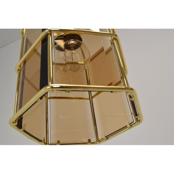 Image 1 of Lampe suspendue en verre fumé et laiton, Mid Century, Tchécoslovaquie, années 1980