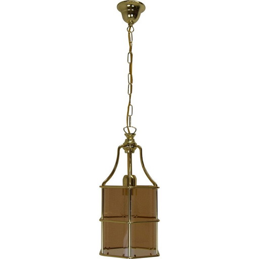 Lampe suspendue en verre fumé et laiton, Mid Century, Tchécoslovaquie, années 1980
