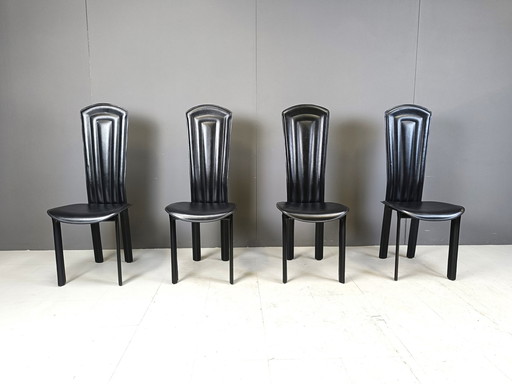 Ensemble de 4 chaises de salle à manger en cuir à haut dossier, 1980S