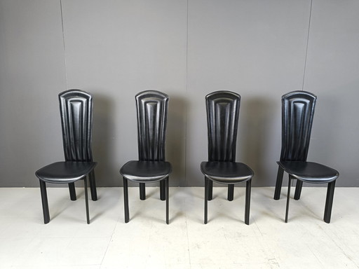 Ensemble de 4 chaises de salle à manger en cuir à haut dossier, 1980S