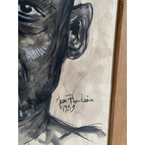 Image 1 of Dessin ancien en chêne naturel au fusain et à la gouache de Jean Poulain, 1939