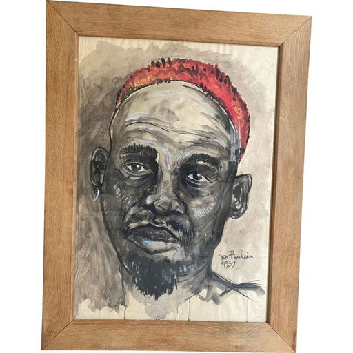 Dessin ancien en chêne naturel au fusain et à la gouache de Jean Poulain, 1939