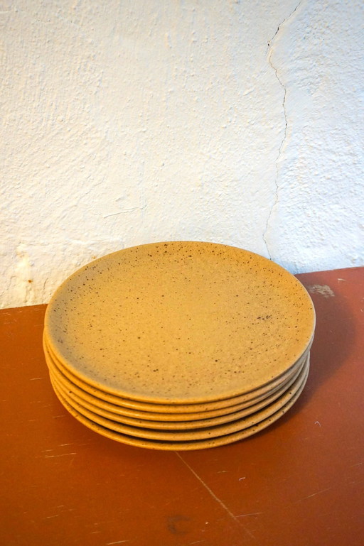 Lot de 6 assiettes plates Grès en faïence claire et mouchetée * Village