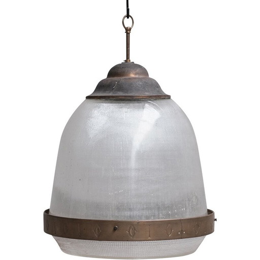 Lampe suspendue vintage en verre et laiton, France 1950