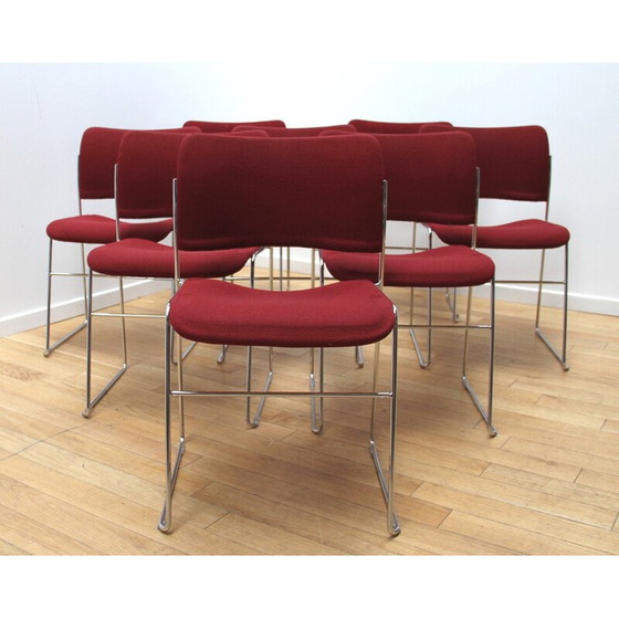 Image 1 of Ensemble de 16 chaises vintage "40/4" en métal chromé et laine rouge, par David Rowland pour Howe