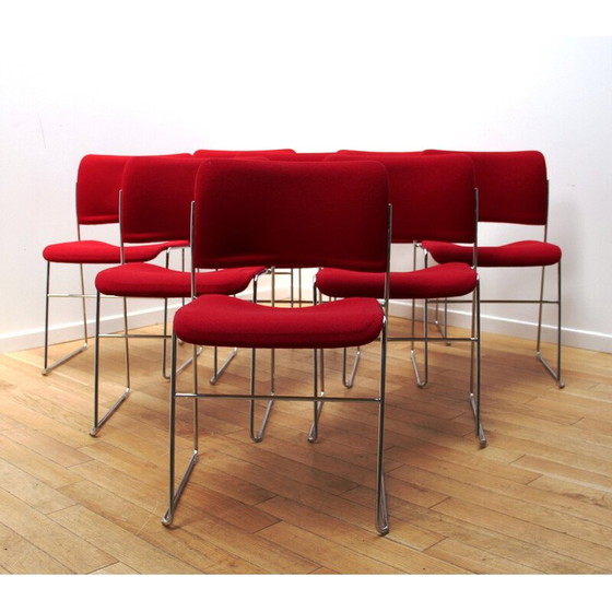 Image 1 of Ensemble de 16 chaises vintage "40/4" en métal chromé et laine rouge, par David Rowland pour Howe
