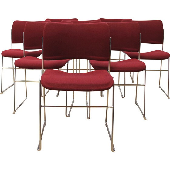 Image 1 of Ensemble de 16 chaises vintage "40/4" en métal chromé et laine rouge, par David Rowland pour Howe