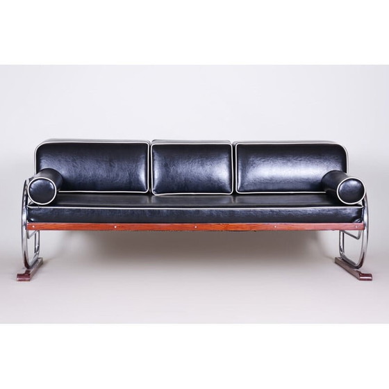 Image 1 of Canapé vintage en cuir noir et chrome pour Slezák, Tchécoslovaquie 1930