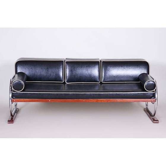 Image 1 of Canapé vintage en cuir noir et chrome pour Slezák, Tchécoslovaquie 1930