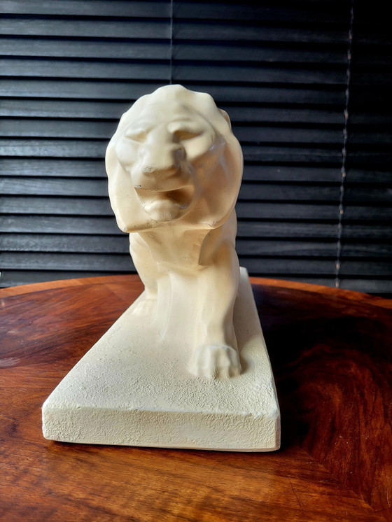 Image 1 of Statue de lion blanche Art déco, plâtre, Lejan, Peugeot, France, années 1930