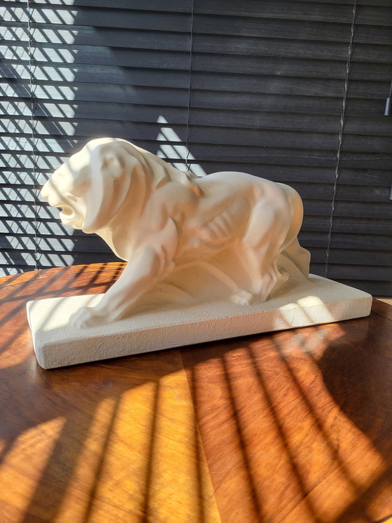 Image 1 of Statue de lion blanche Art déco, plâtre, Lejan, Peugeot, France, années 1930