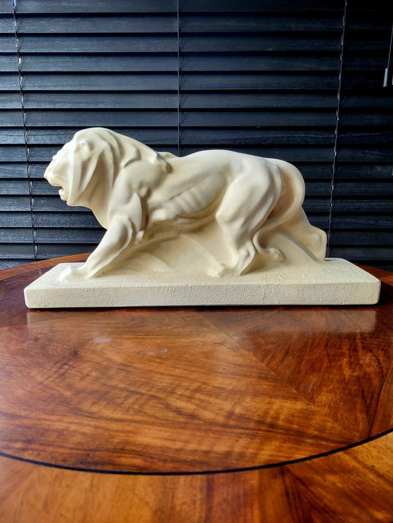 Image 1 of Statue de lion blanche Art déco, plâtre, Lejan, Peugeot, France, années 1930