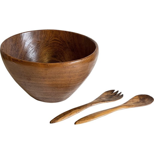 Saladier et couverts vintage en bois de teck