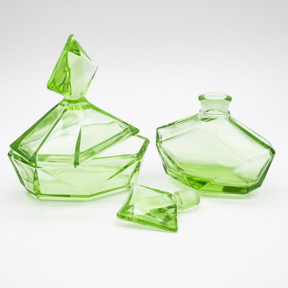 Image 1 of Art Déco Crystal Uranium Glass Toiletry Parfum Flacon & Lid-Box Set Antique Chic