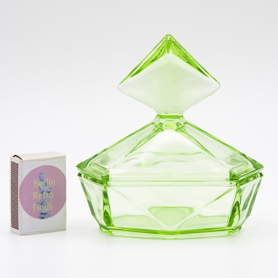 Image 1 of Art Déco Crystal Uranium Glass Toiletry Parfum Flacon & Lid-Box Set Antique Chic