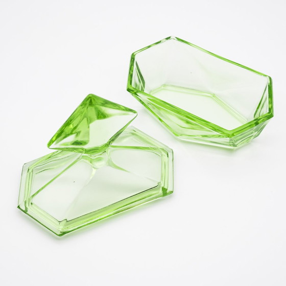 Image 1 of Art Déco Crystal Uranium Glass Toiletry Parfum Flacon & Lid-Box Set Antique Chic