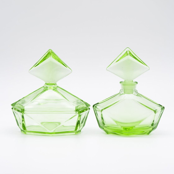 Image 1 of Art Déco Crystal Uranium Glass Toiletry Parfum Flacon & Lid-Box Set Antique Chic