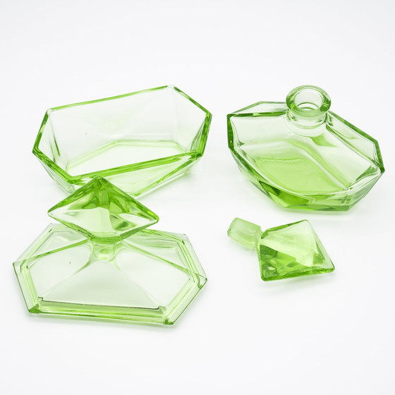 Image 1 of Art Déco Crystal Uranium Glass Toiletry Parfum Flacon & Lid-Box Set Antique Chic